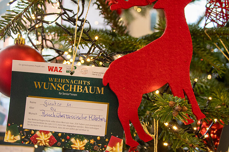 Eine Geschenkkarte hängt am Baum.